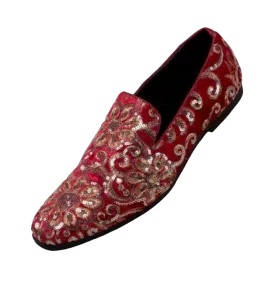 Red and Gold Sequin Loafers Luxury Design Men's Slip-on Dress Shoes