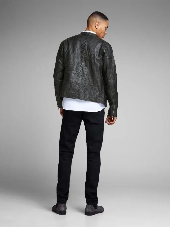 Round Neck Bomber Leather Jacket