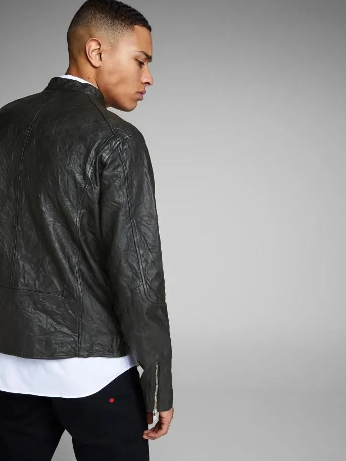 Round Neck Bomber Leather Jacket