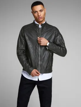 Round Neck Bomber Leather Jacket