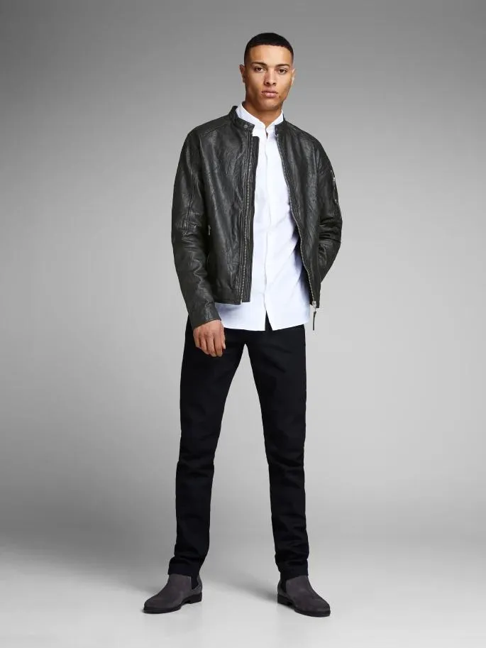 Round Neck Bomber Leather Jacket