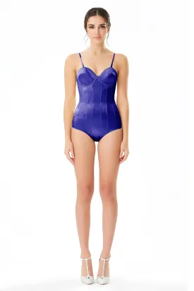 Silk Satin Corseted Bodysuit in Royal Blue