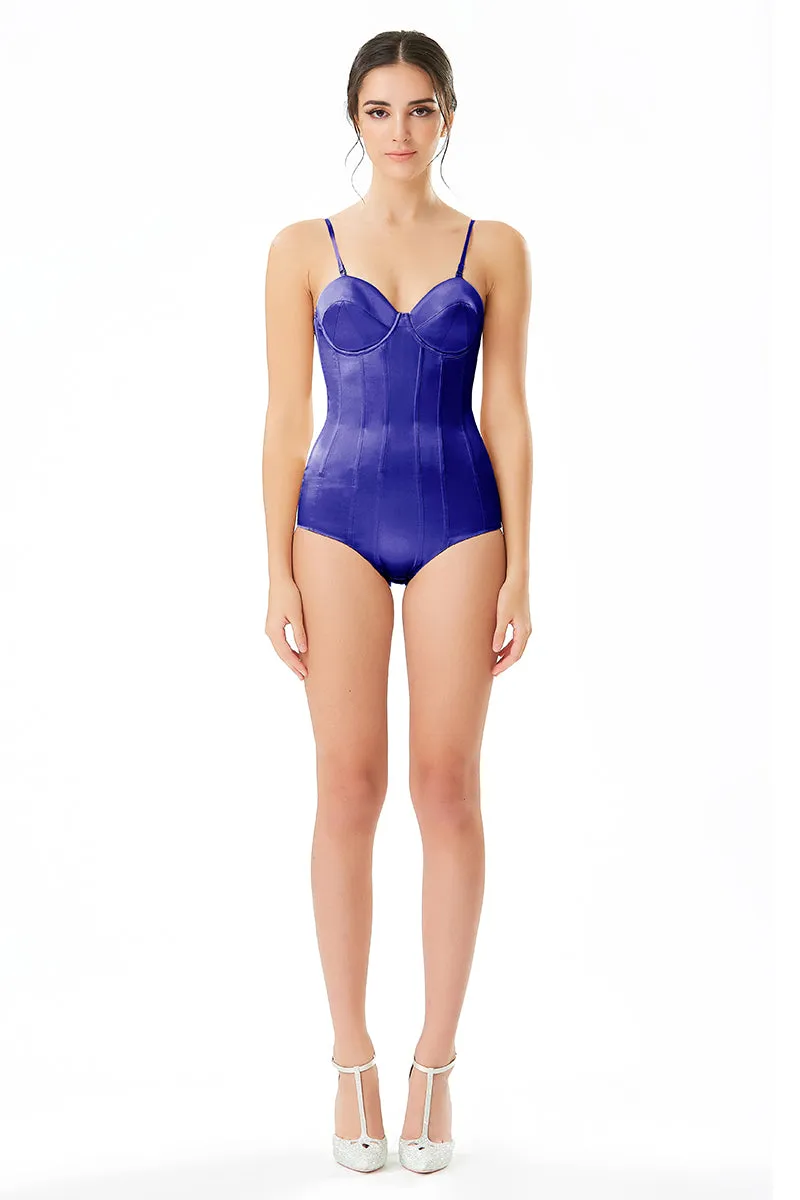 Silk Satin Corseted Bodysuit in Royal Blue
