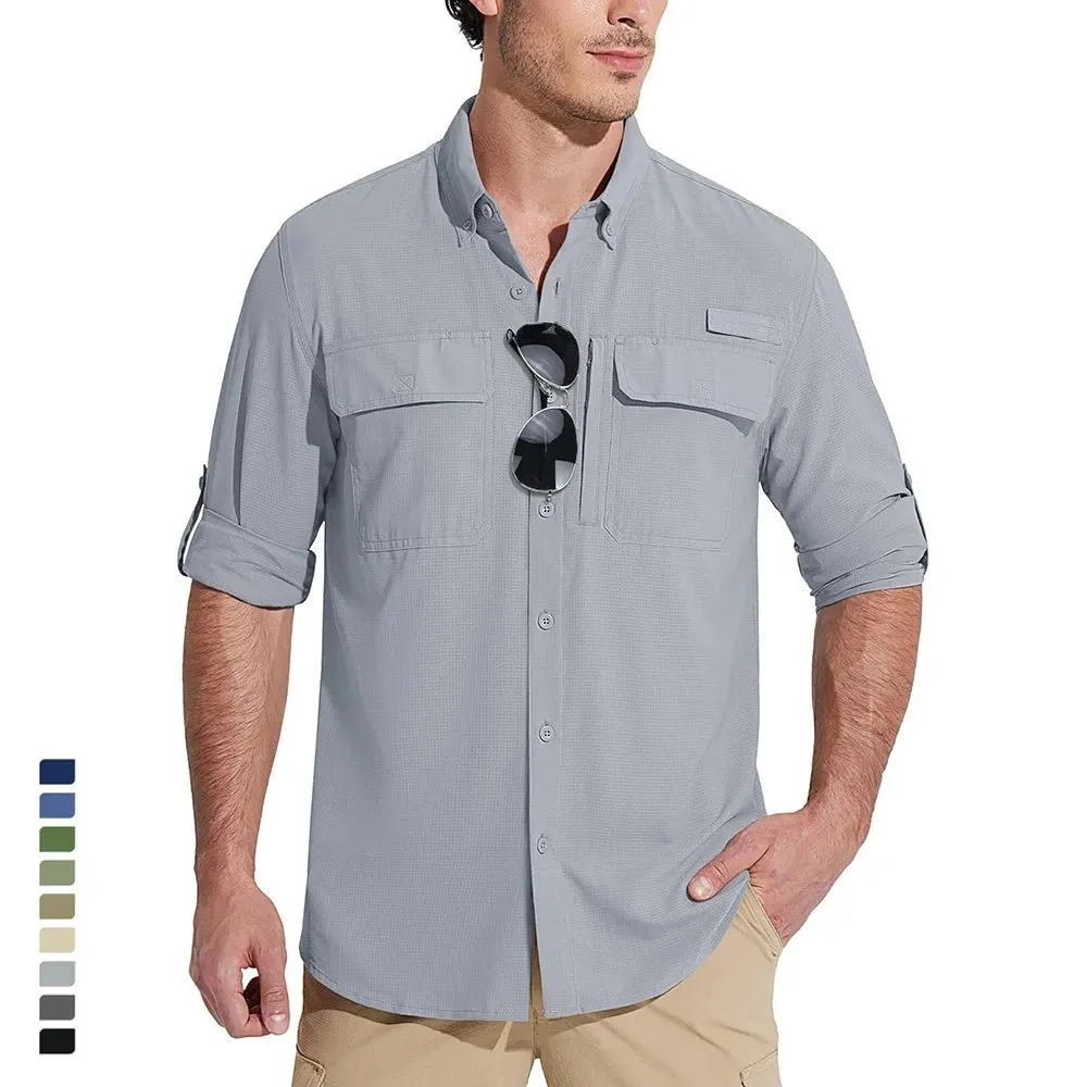 Summer Mens Chest Pocket Work Shirts With Zip Pockets Casual Mens Long Sleeve Lightweight Quick Dry  Hiking Shirts