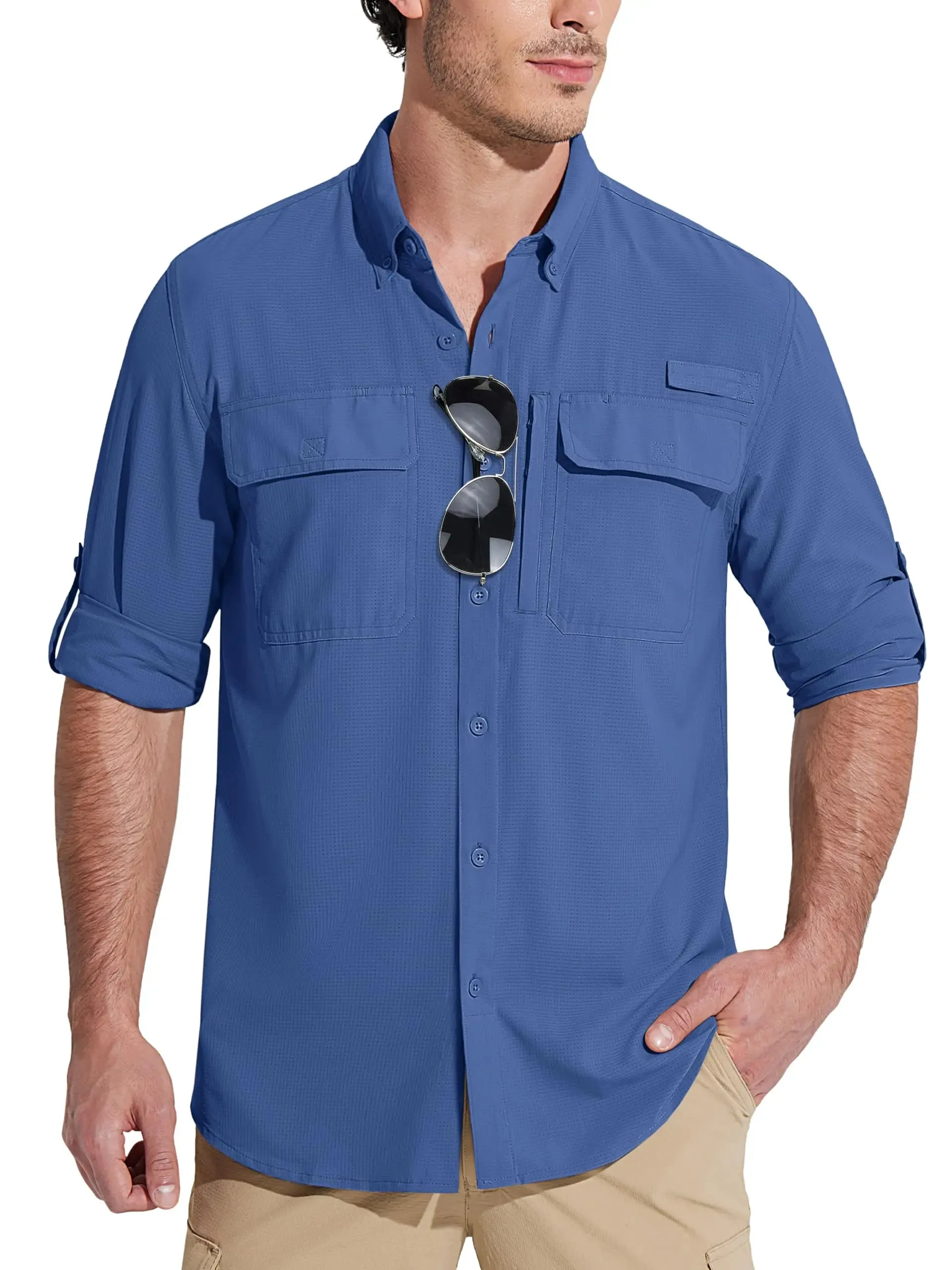 Summer Mens Chest Pocket Work Shirts With Zip Pockets Casual Mens Long Sleeve Lightweight Quick Dry  Hiking Shirts