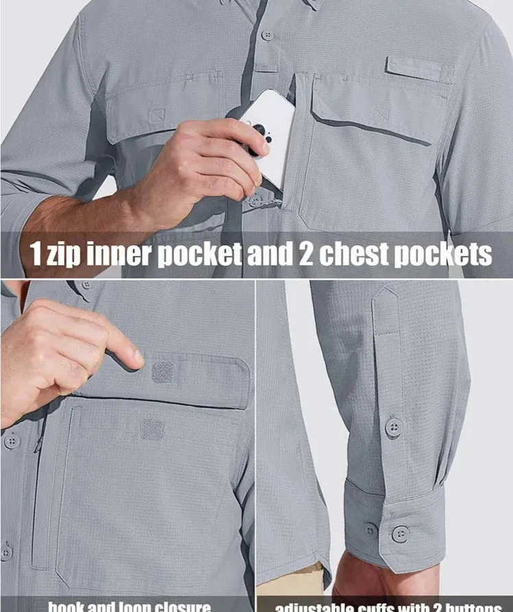 Summer Mens Chest Pocket Work Shirts With Zip Pockets Casual Mens Long Sleeve Lightweight Quick Dry  Hiking Shirts
