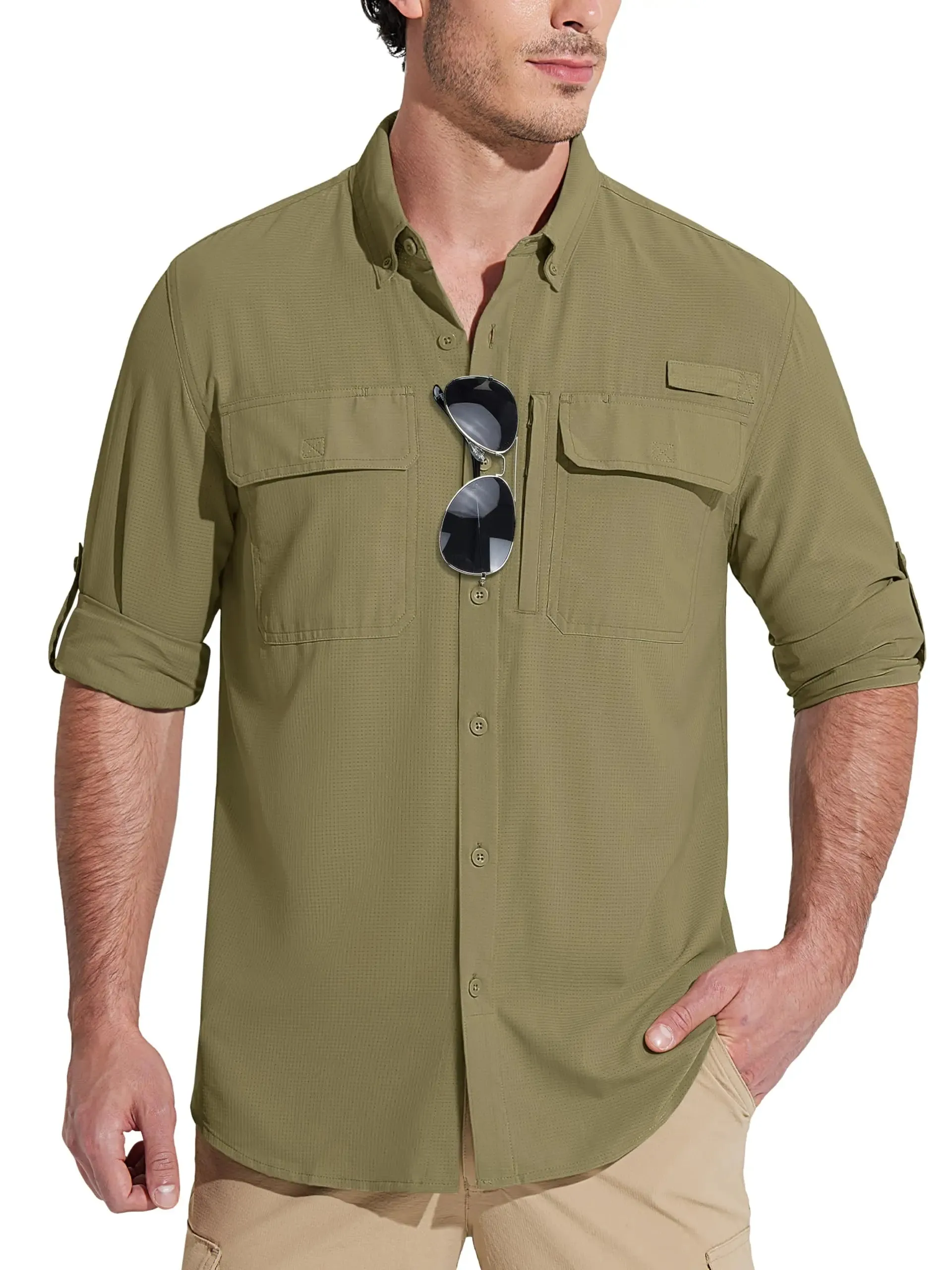 Summer Mens Chest Pocket Work Shirts With Zip Pockets Casual Mens Long Sleeve Lightweight Quick Dry  Hiking Shirts