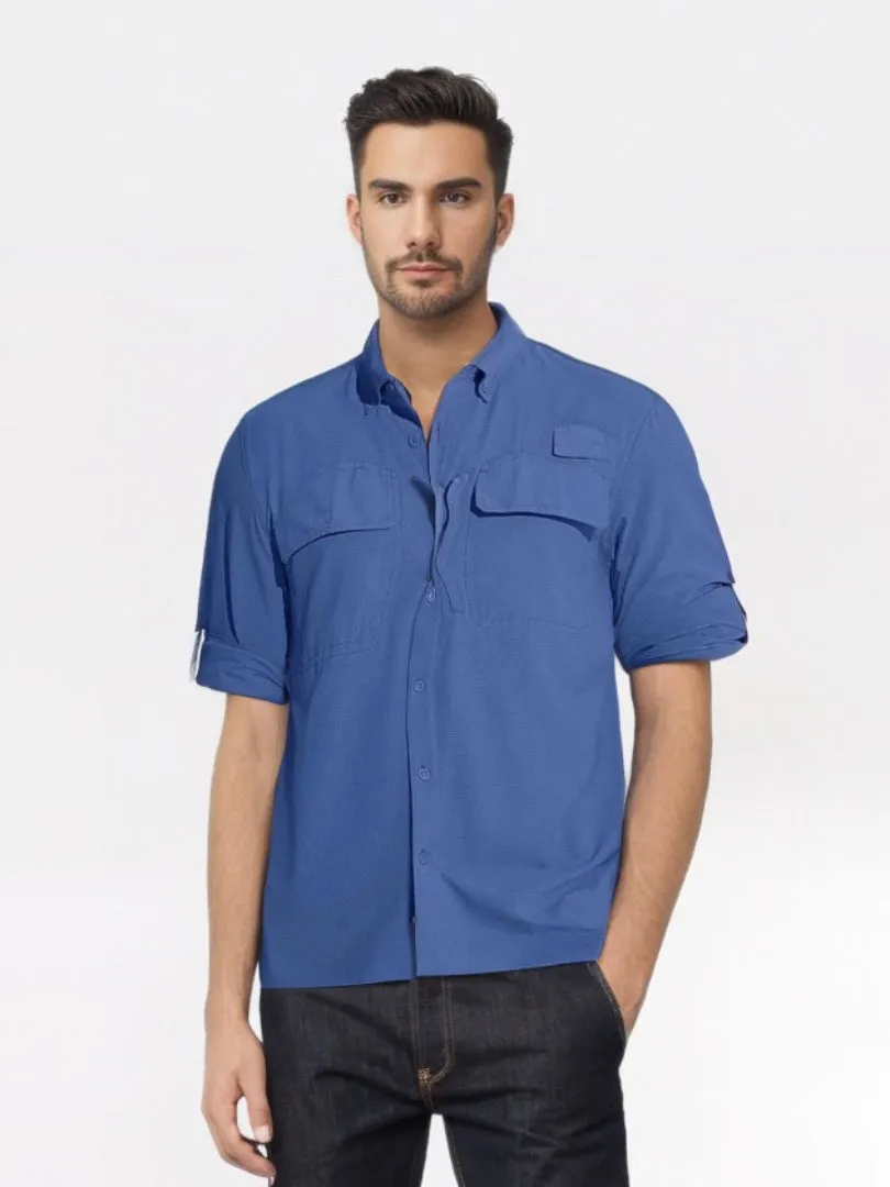 Summer Mens Chest Pocket Work Shirts With Zip Pockets Casual Mens Long Sleeve Lightweight Quick Dry  Hiking Shirts
