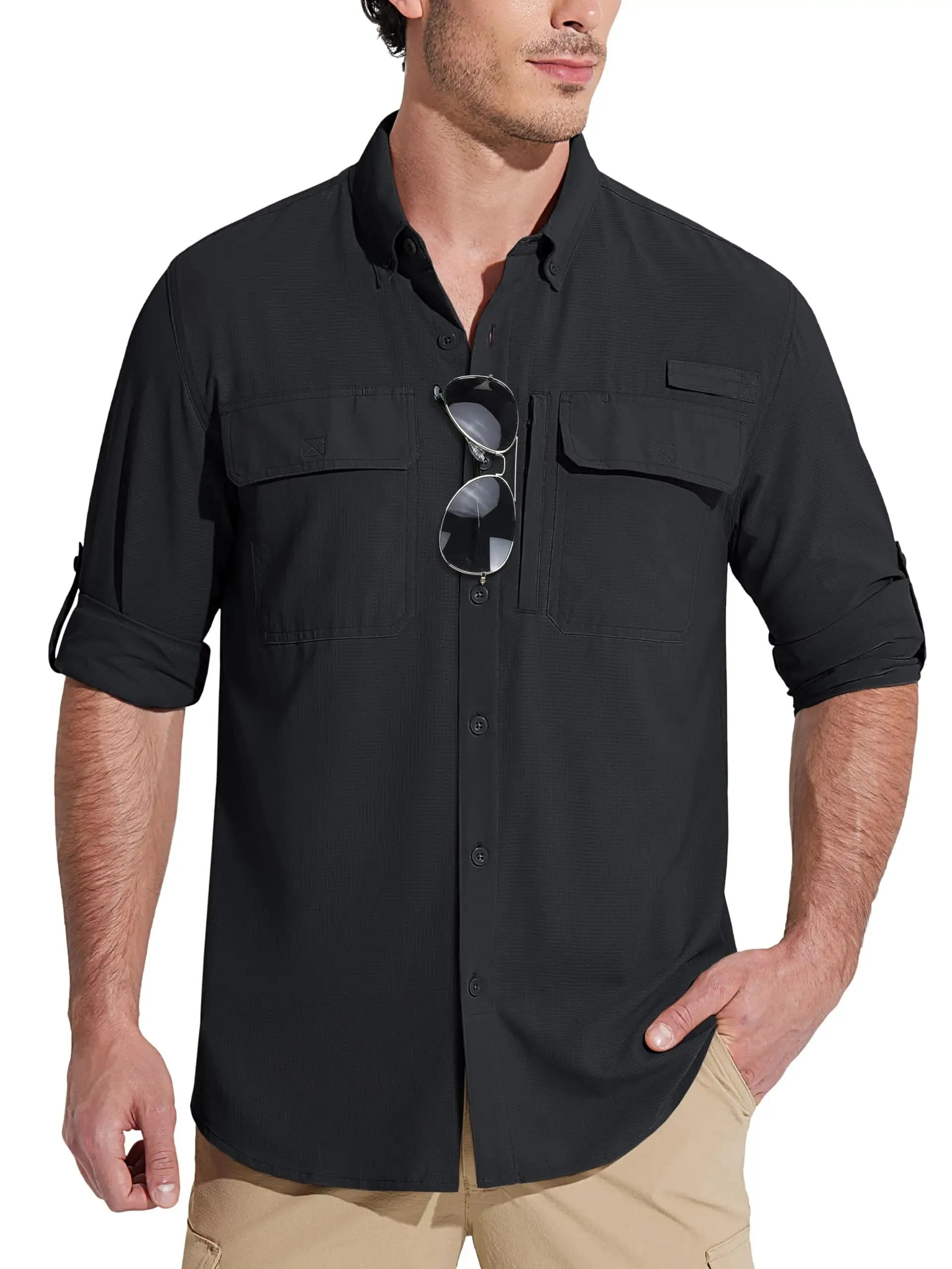 Summer Mens Chest Pocket Work Shirts With Zip Pockets Casual Mens Long Sleeve Lightweight Quick Dry  Hiking Shirts