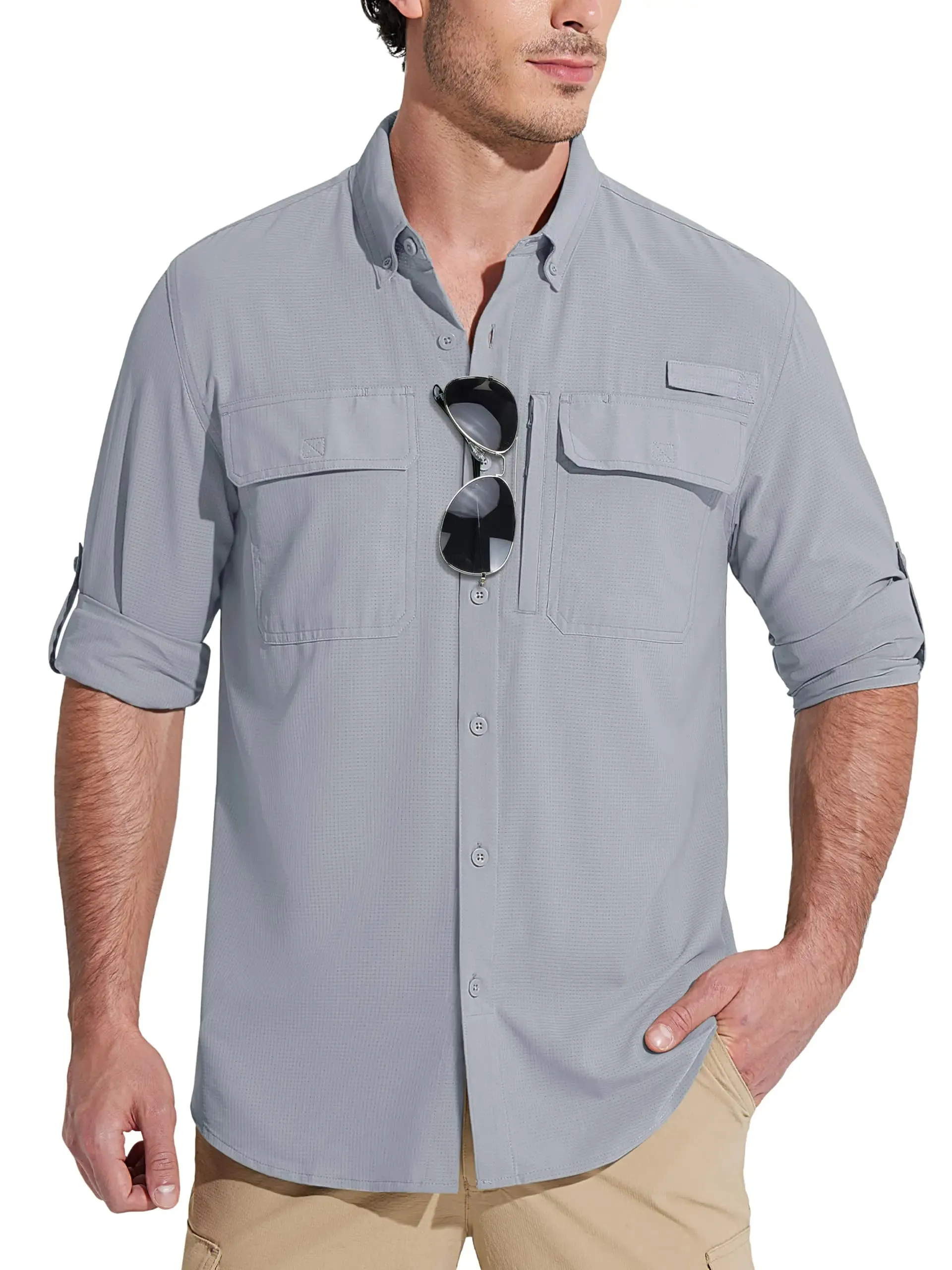 Summer Mens Chest Pocket Work Shirts With Zip Pockets Casual Mens Long Sleeve Lightweight Quick Dry  Hiking Shirts