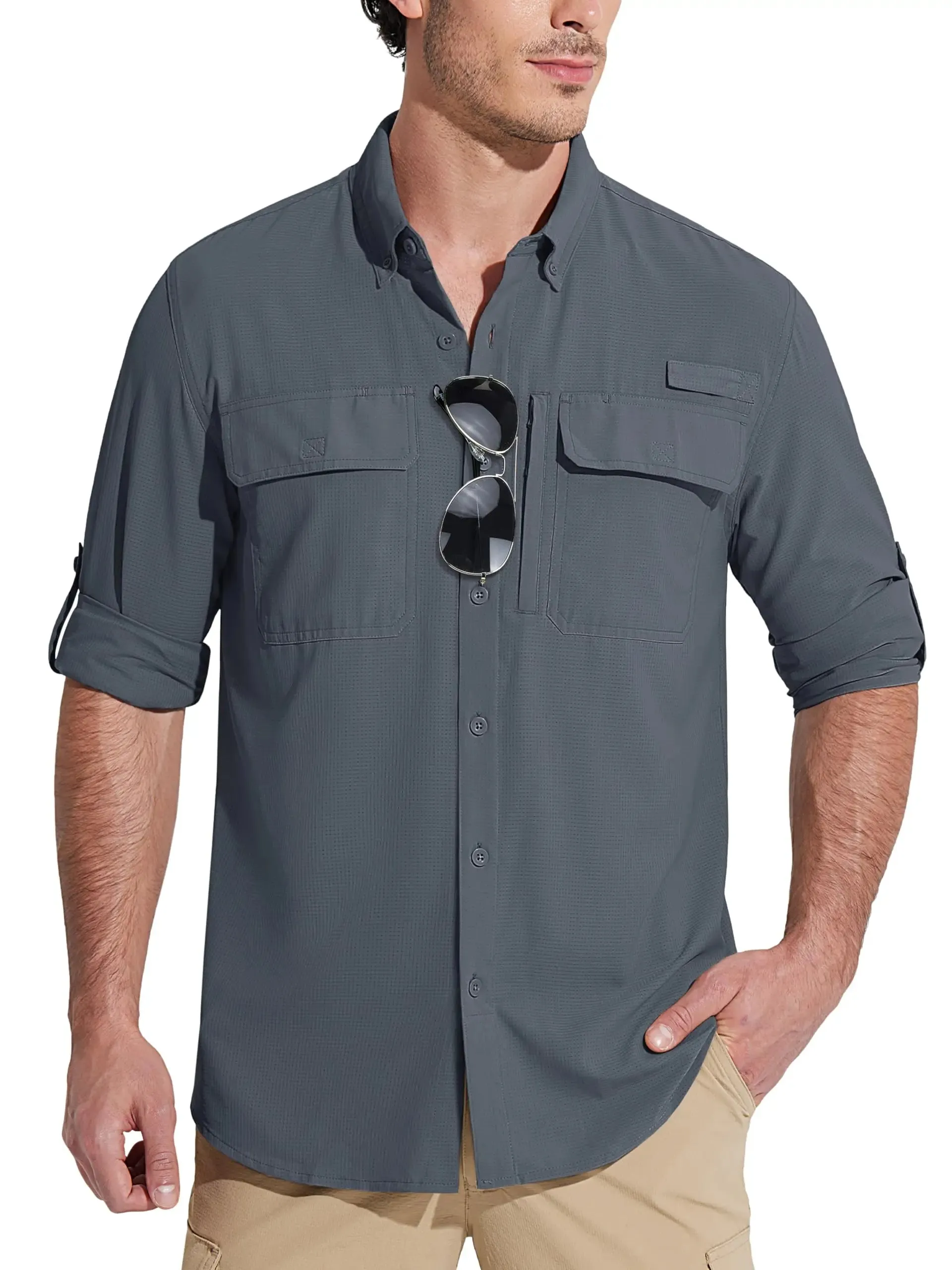 Summer Mens Chest Pocket Work Shirts With Zip Pockets Casual Mens Long Sleeve Lightweight Quick Dry  Hiking Shirts