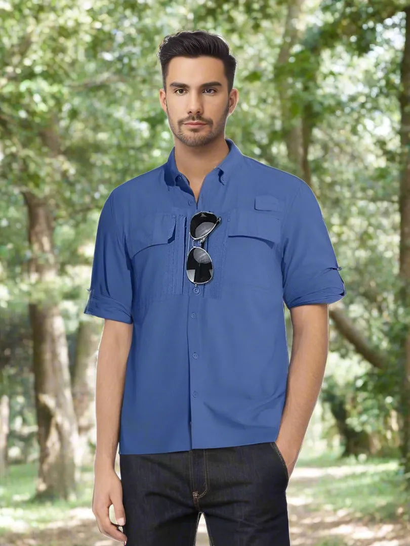 Summer Mens Chest Pocket Work Shirts With Zip Pockets Casual Mens Long Sleeve Lightweight Quick Dry  Hiking Shirts