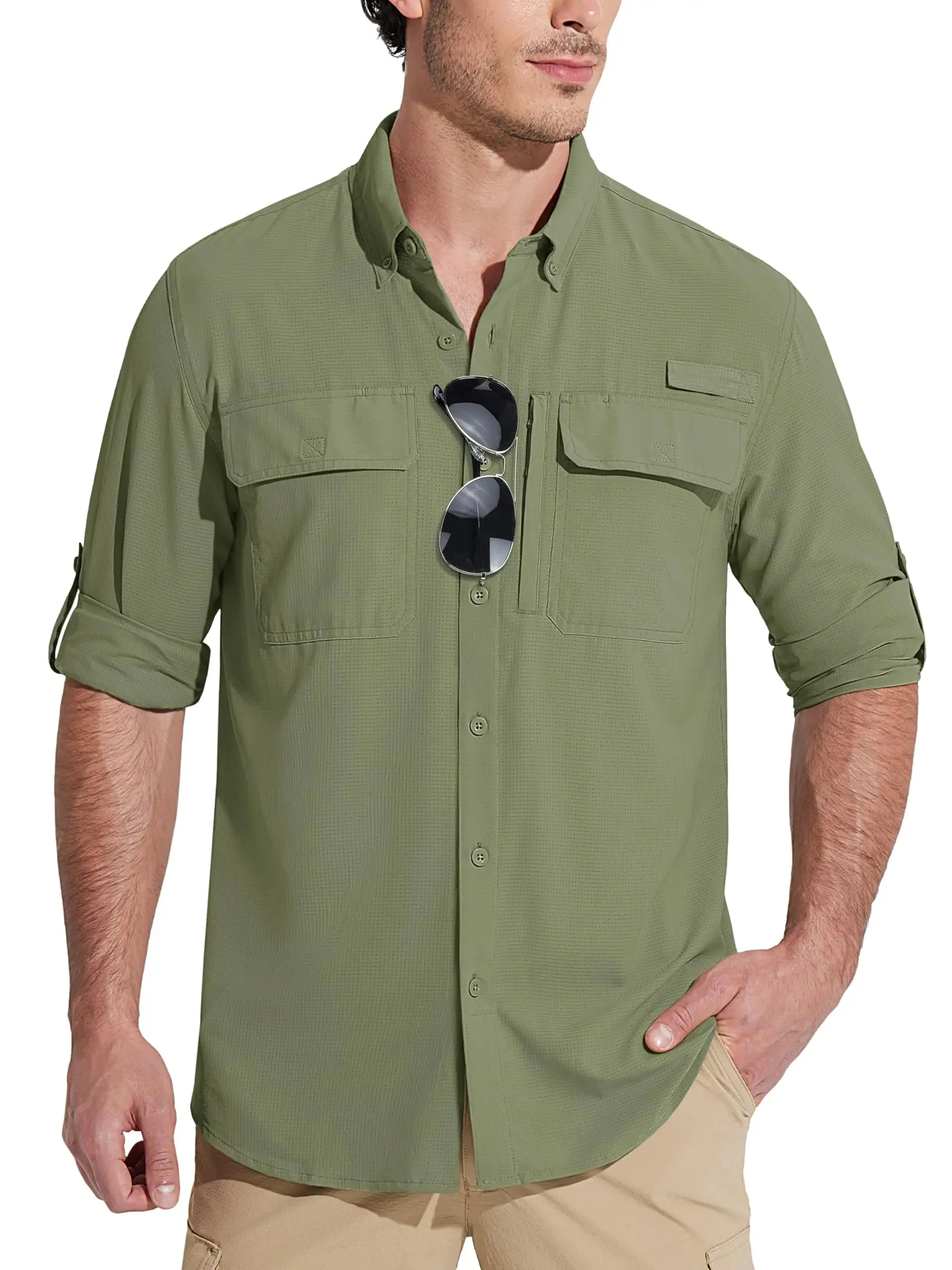 Summer Mens Chest Pocket Work Shirts With Zip Pockets Casual Mens Long Sleeve Lightweight Quick Dry  Hiking Shirts