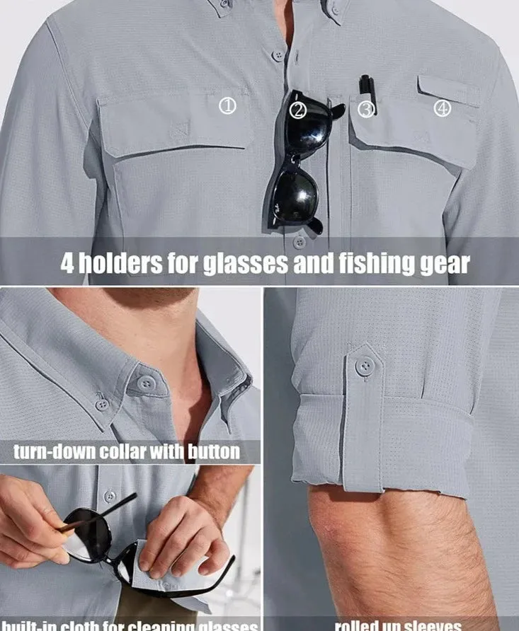 Summer Mens Chest Pocket Work Shirts With Zip Pockets Casual Mens Long Sleeve Lightweight Quick Dry  Hiking Shirts