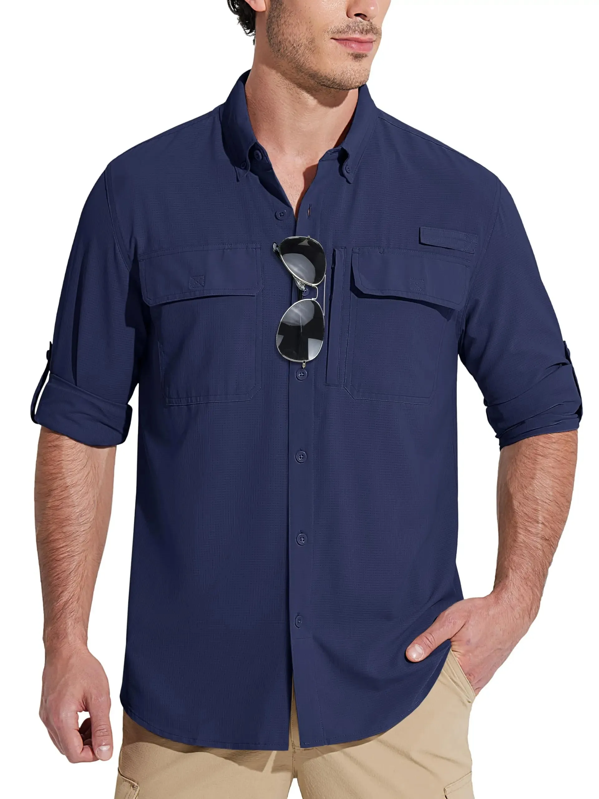 Summer Mens Chest Pocket Work Shirts With Zip Pockets Casual Mens Long Sleeve Lightweight Quick Dry  Hiking Shirts
