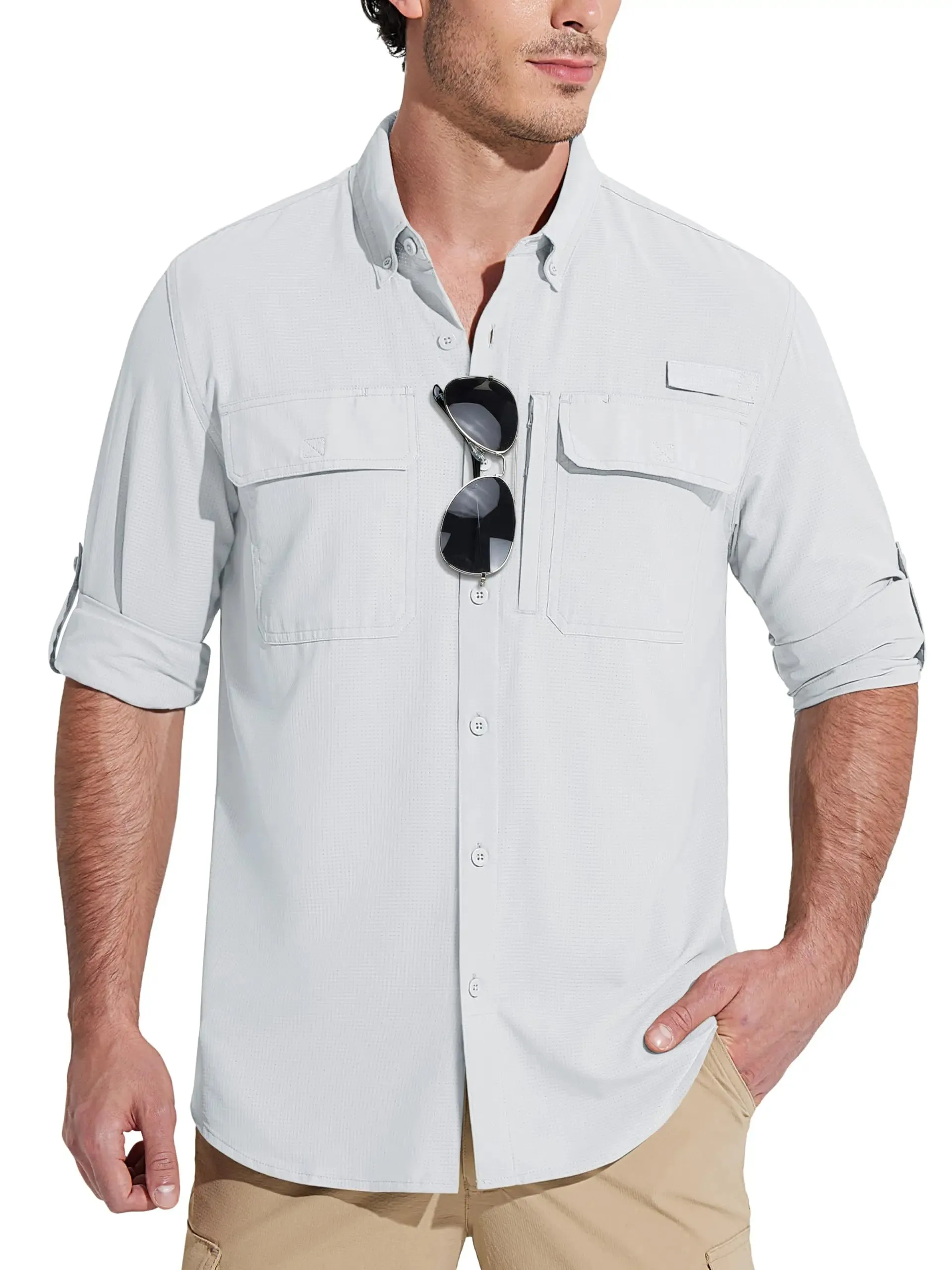 Summer Mens Chest Pocket Work Shirts With Zip Pockets Casual Mens Long Sleeve Lightweight Quick Dry  Hiking Shirts