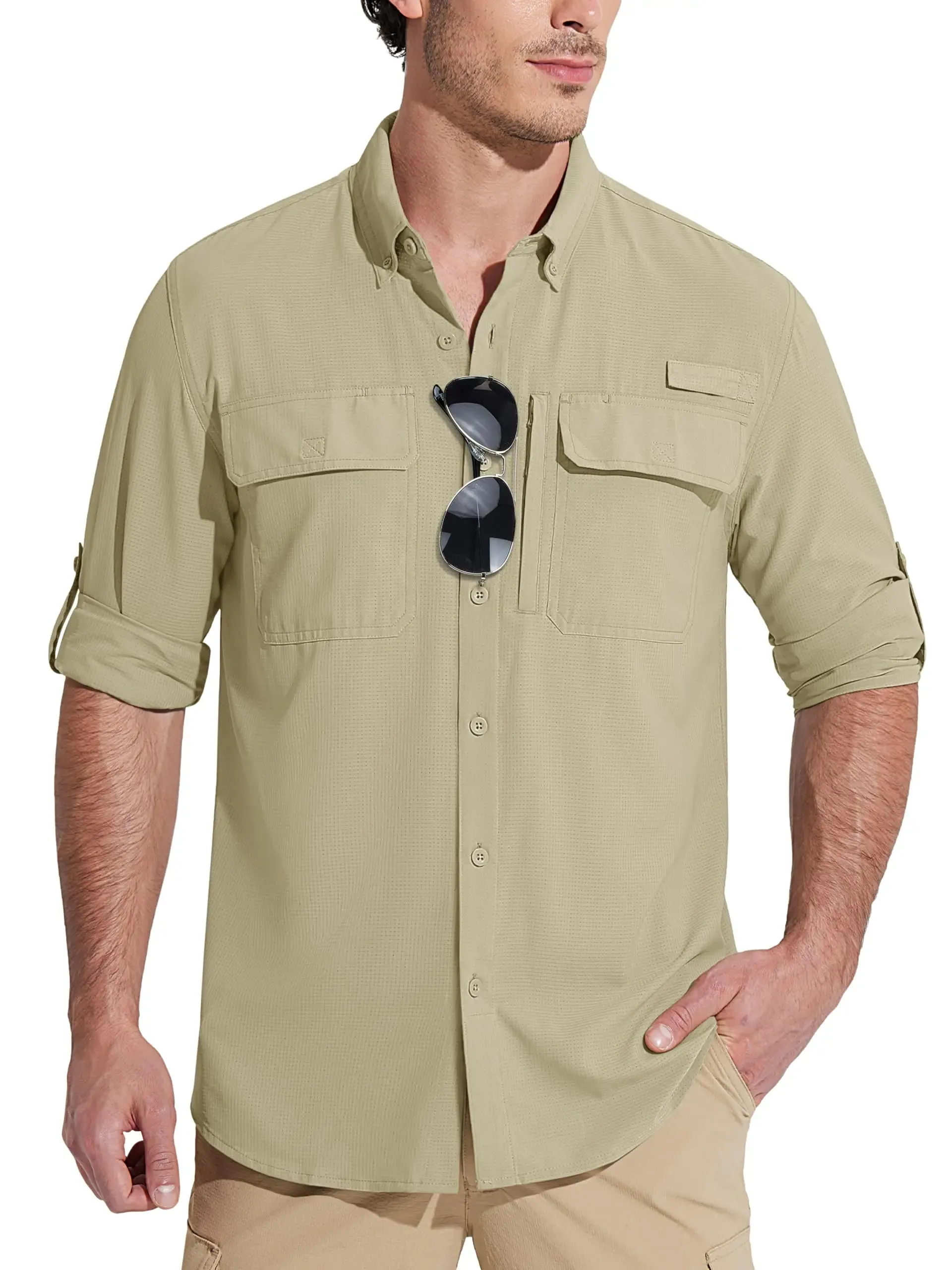 Summer Mens Chest Pocket Work Shirts With Zip Pockets Casual Mens Long Sleeve Lightweight Quick Dry  Hiking Shirts