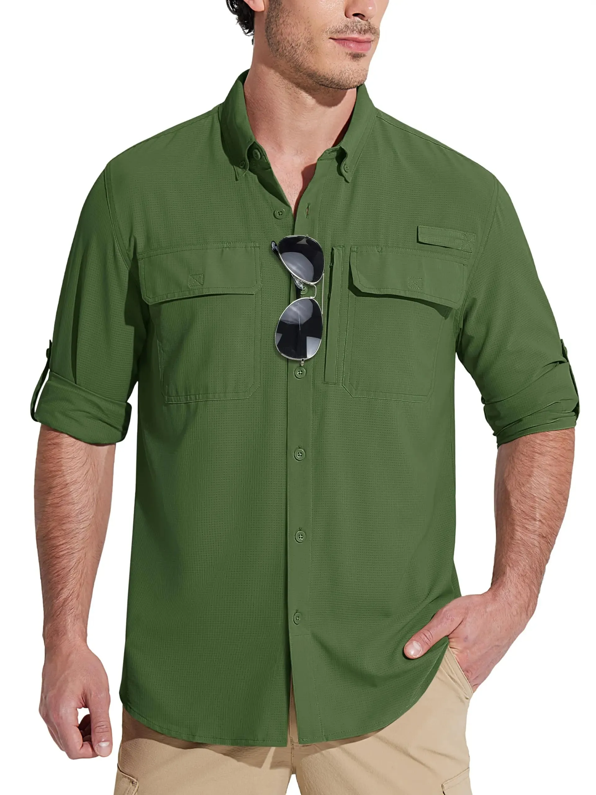 Summer Mens Chest Pocket Work Shirts With Zip Pockets Casual Mens Long Sleeve Lightweight Quick Dry  Hiking Shirts