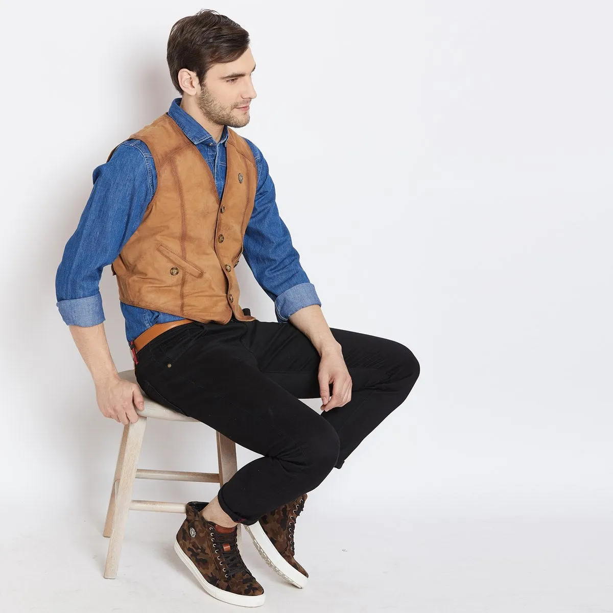 Tan Leather Straight Stitched Vests By Brune & Bareskin