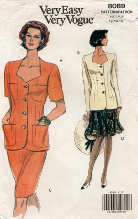 Vogue 8089 Womens Fitted Top & Slim Skirt 1990s Vintage Sewing Pattern Size 12 - 16 UNCUT Factory Folded