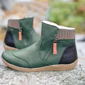 Women's Boots Plus Size Ladies Autumn Winter Vintage Splicing Round Toe Plus Velvet Zip Up Short Ankle Boots