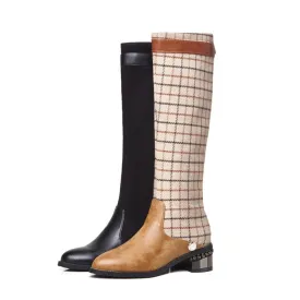 Women's Lattice Patchwork Puppy Heel Knee High Boots