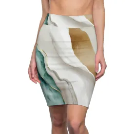 Womens Pencil Skirt - Cream White Green Marbled Print
