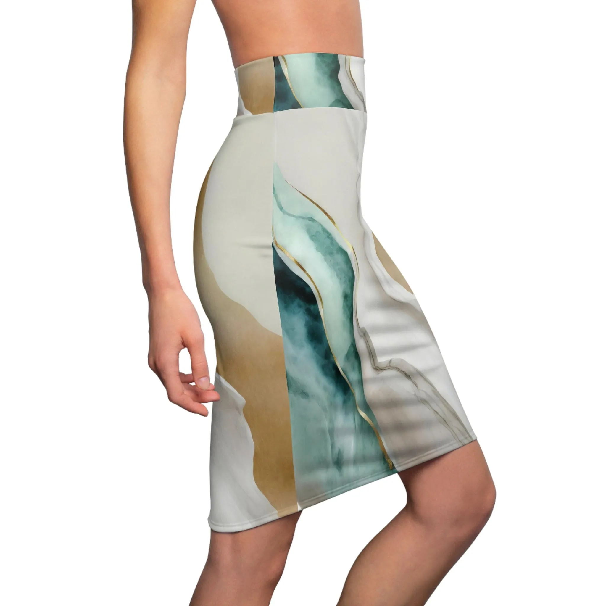 Womens Pencil Skirt - Cream White Green Marbled Print