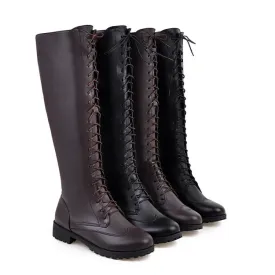 Women's Pu Leather Round Toe Low Heel Lace Up Knee High Boots